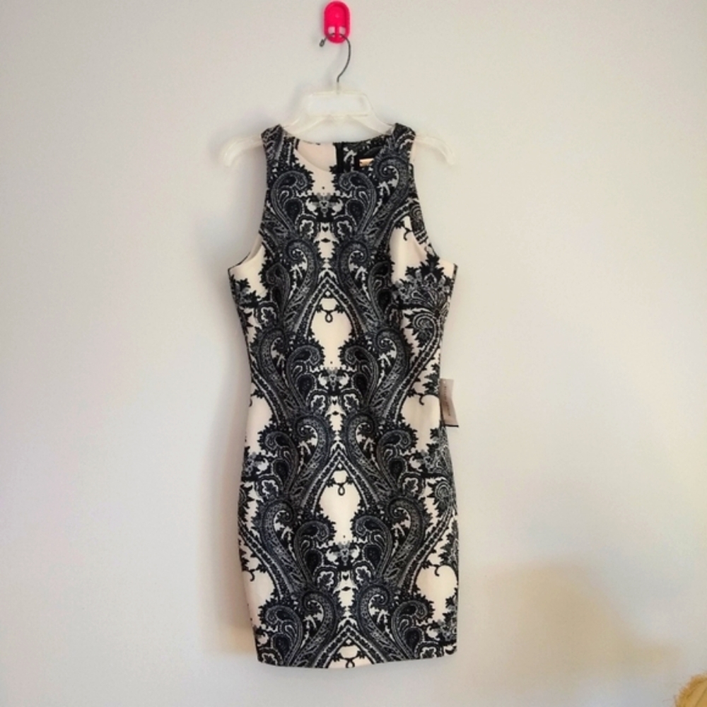 NEW Alexia Admor sleeveless sheath bodycon dress, black & cream paisley, small